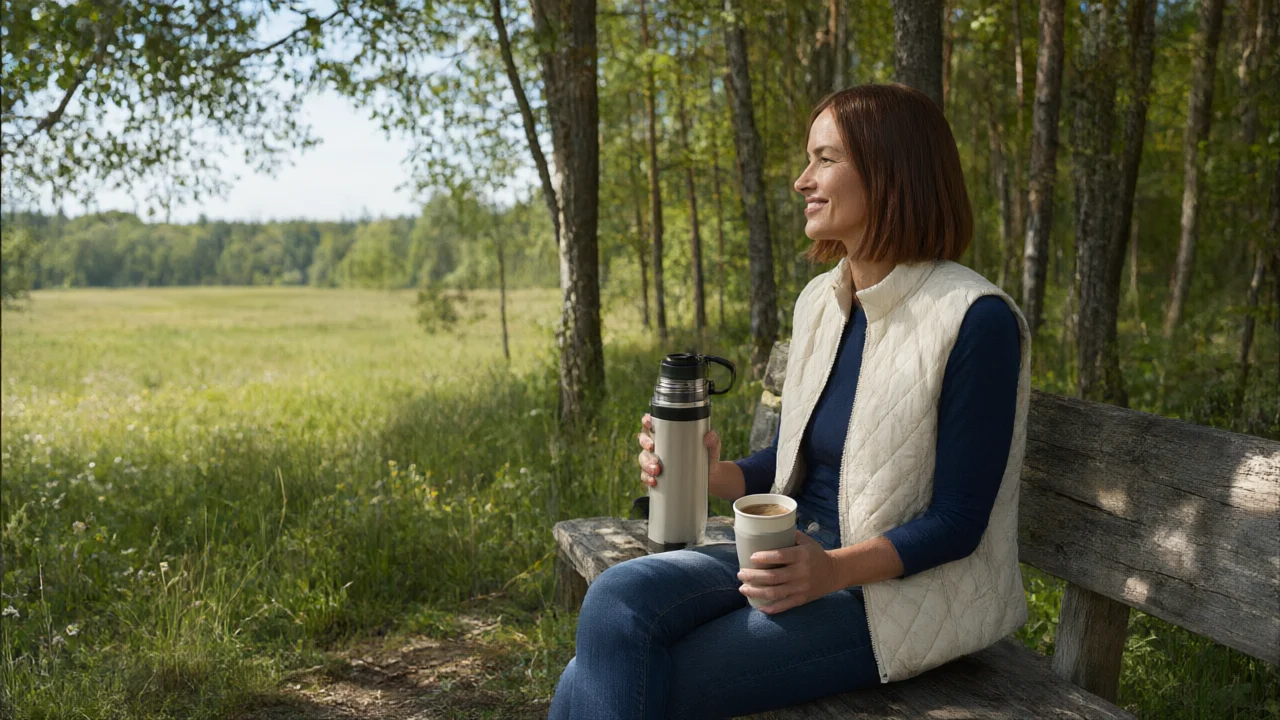 Die Autorin sitzt mit Thermoskanne und Kaffee auf einer Bank am Waldrand und schaut über eine Wiese.