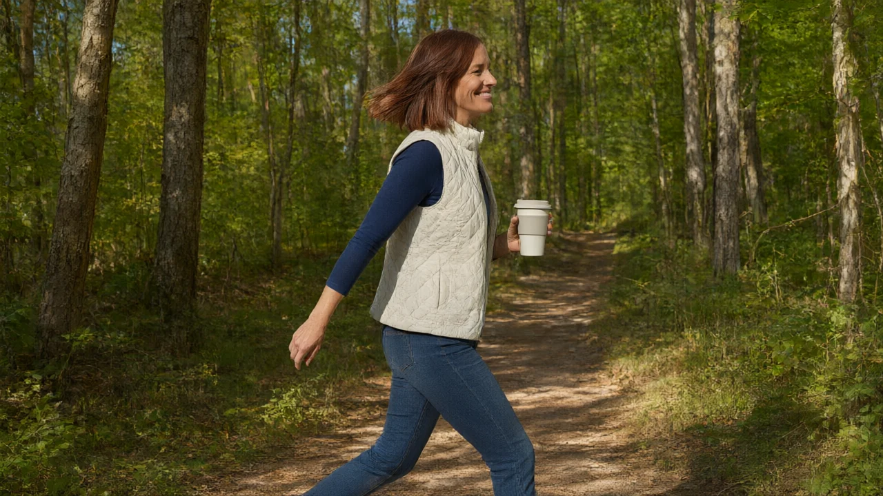 Die Autorin geht mit einem Kaffeebecher lächelnd über einen Waldweg.