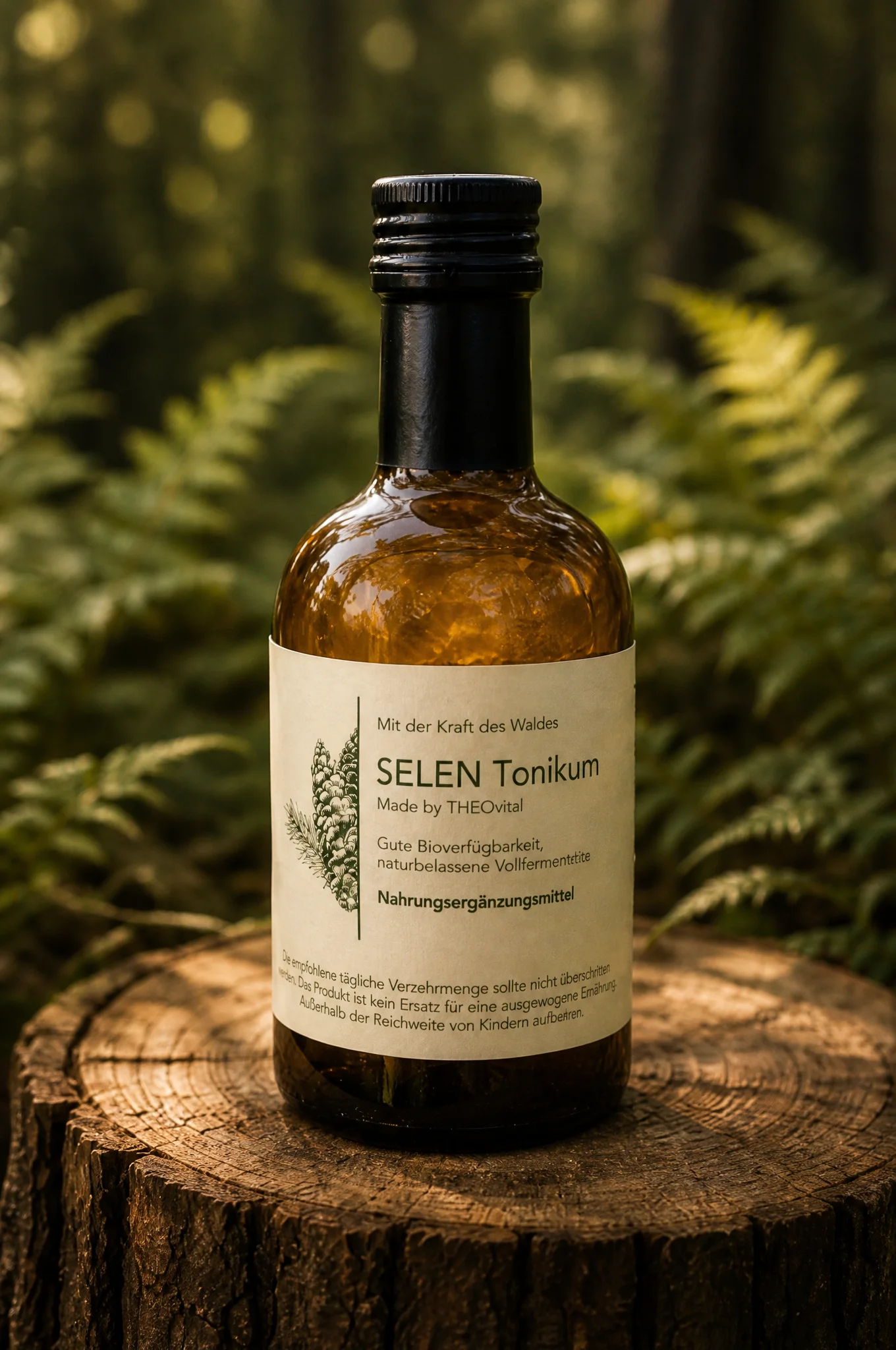 Das SELEN Tonikum in der Braunglasflasche im Wald.